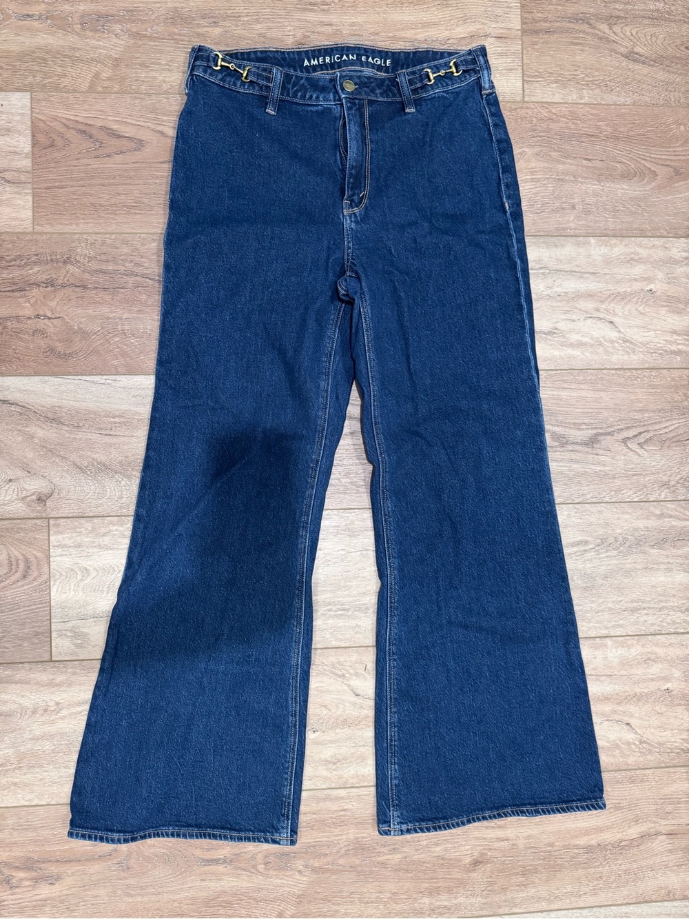 American Eagle Outfitters Navy High-Rise Flare Jeans with Gold Accents